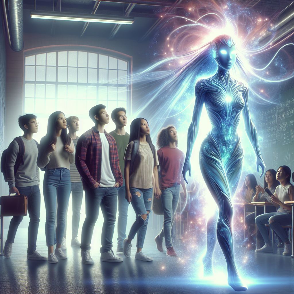 Digital art 4k scene from a movie: A mysterious non-human woman approaches a group of friends in a modern school setting, with one friend prepared to sacrifice themselves to go with her.