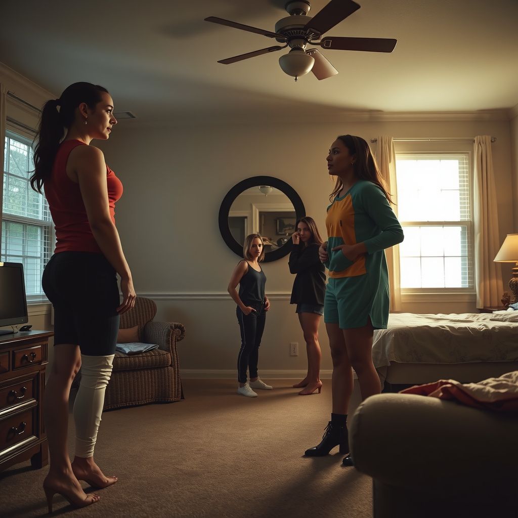 Surreal dream scene, cinematic and atmospheric, digital art: A tense scene in a suburban home where a woman with a bandaged leg confronts a delivery person wearing a colorful onesie, while two other women watch uneasily in a brightly lit bedroom.