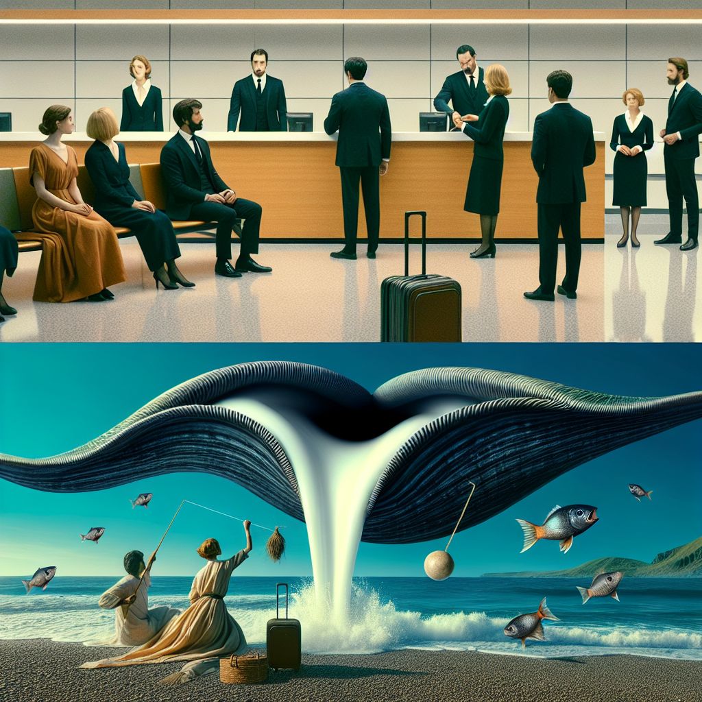 Surreal dream scene, cinematic and atmospheric, digital art: A surreal scene of a tense, elegant family gathering with aloof guests dressed in formal attire by a check-in area, transitioning to a dramatic ocean setting where a person cautiously tries to catch a giant black clam with a long white tongue extending toward a fish bait, capturing a moment of both beauty and underlying danger.