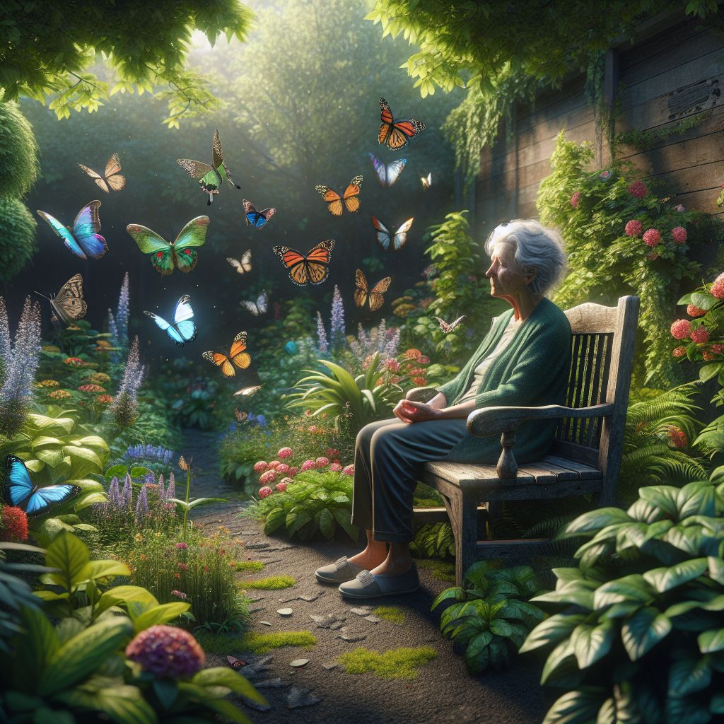 Digital art 4k scene from a movie: An elderly woman sitting on a bench in a peaceful garden, surrounded by colorful butterflies fluttering around her.
