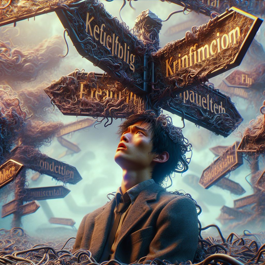 Digital art 4k scene from a movie: Frustrated by the jumbled words in their dreams, a young dreamer attempts to decipher the shifting letters on a signpost.