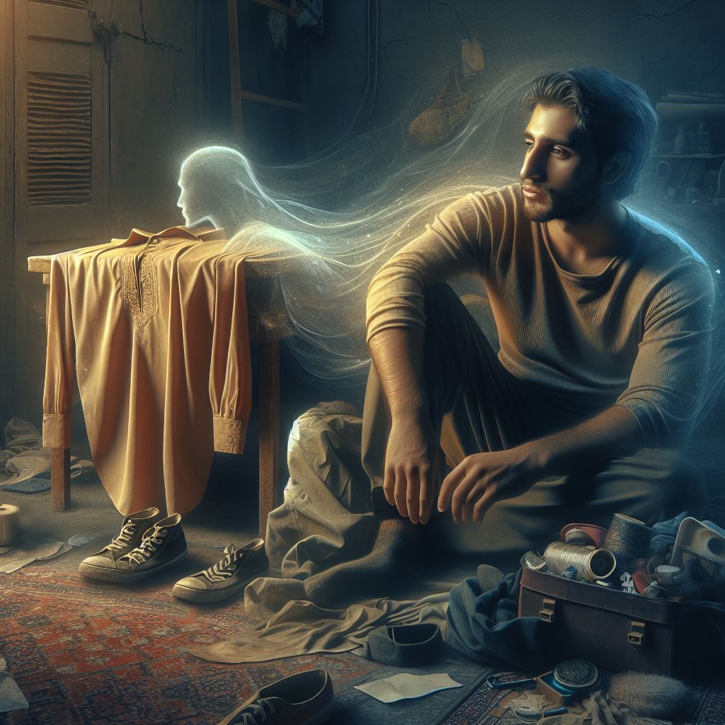 Surreal dream scene, cinematic and atmospheric, digital art: A surreal dreamscape where a person sits quietly beside a tan grungy shirt, reflecting nostalgically on memories with an old friend in a cluttered house filled with scattered belongings.