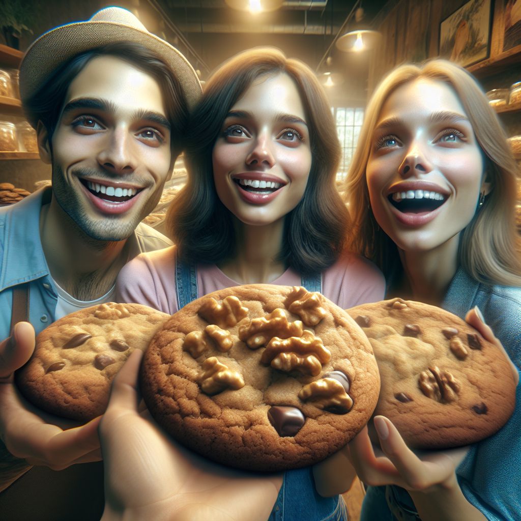 Surreal dream scene, cinematic and atmospheric, digital art: A group of three friends happily sharing large, chewy walnut chocolate chip cookies in a cozy store setting, with joyful expressions as they eagerly ask for more.