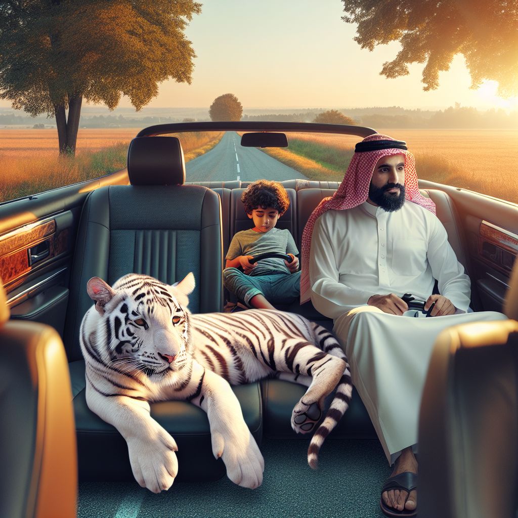 Surreal dream scene, cinematic and atmospheric, digital art: A calm white Bengal tiger cub sitting peacefully in the backseat of a car with a man and his son, driving through a sunny countryside road.