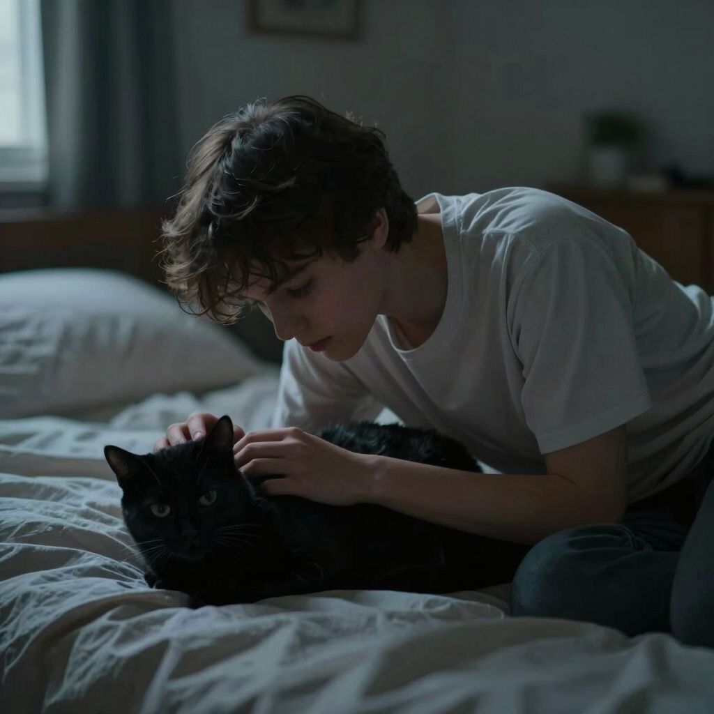 Surreal dream scene, cinematic and atmospheric, digital art: A tender scene of a young person comforting a mysterious black cat on a cozy bed in a softly lit bedroom, with a gentle and emotional atmosphere.