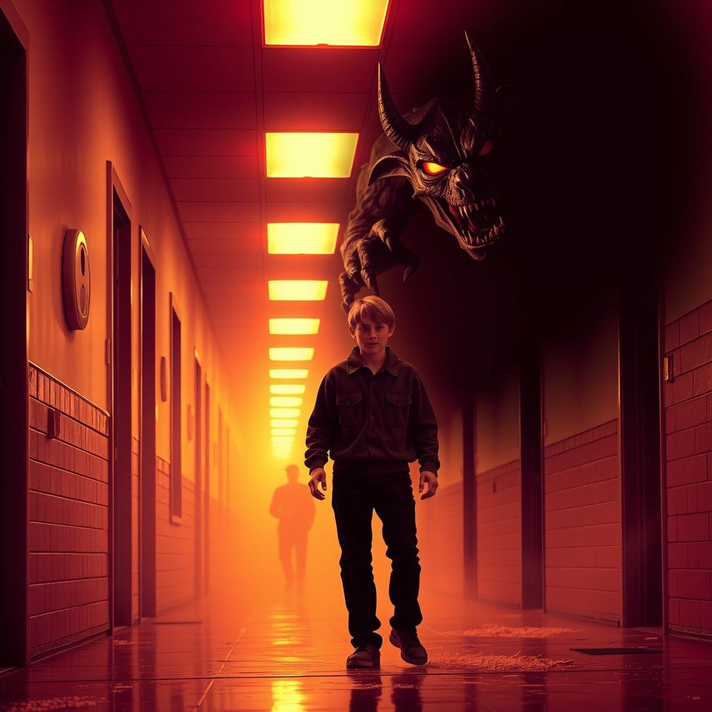 Surreal dream scene, cinematic and atmospheric, digital art: A tense 1980s small-town school hallway filled with anxious students and flickering fluorescent lights as a supernatural demon with glowing eyes and sharp teeth emerges, while a brave student looks determined to uncover the haunting mystery.