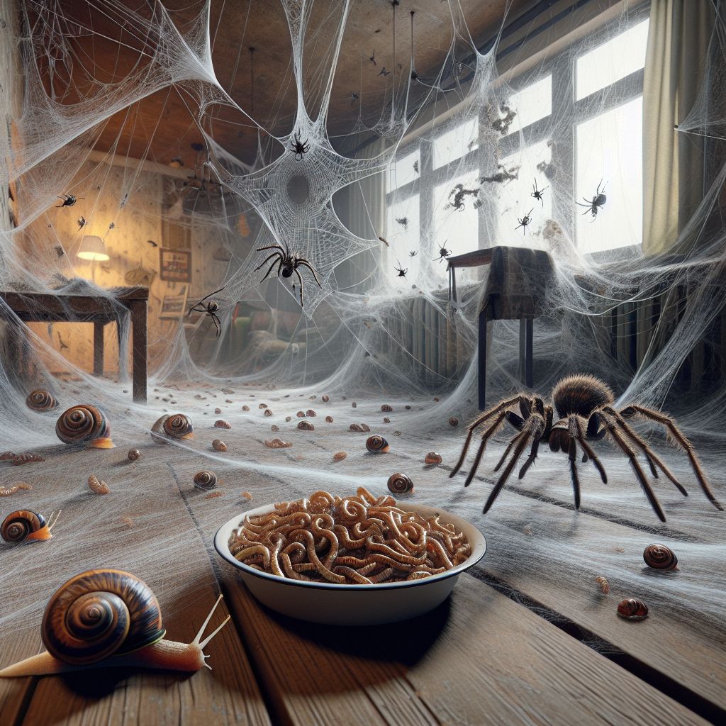 Digital art 4k scene from a movie: The apartment was covered in spiderwebs, the pesky spiders refusing to leave, weaving their disgusting threads as snails slithered by and a neglected bowl of mealworms sat unattended.
