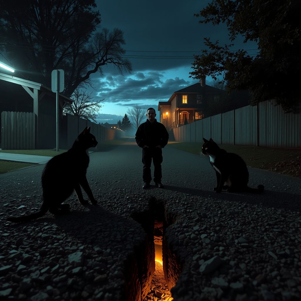 Surreal dream scene, cinematic and atmospheric, digital art: A dimly lit gravel driveway at dusk with a mysterious fissure cutting through the ground, where a person stands near three attentive cats that appear to be speaking in human voices, while glowing slitted yellow eyes watch ominously from the surrounding darkness.