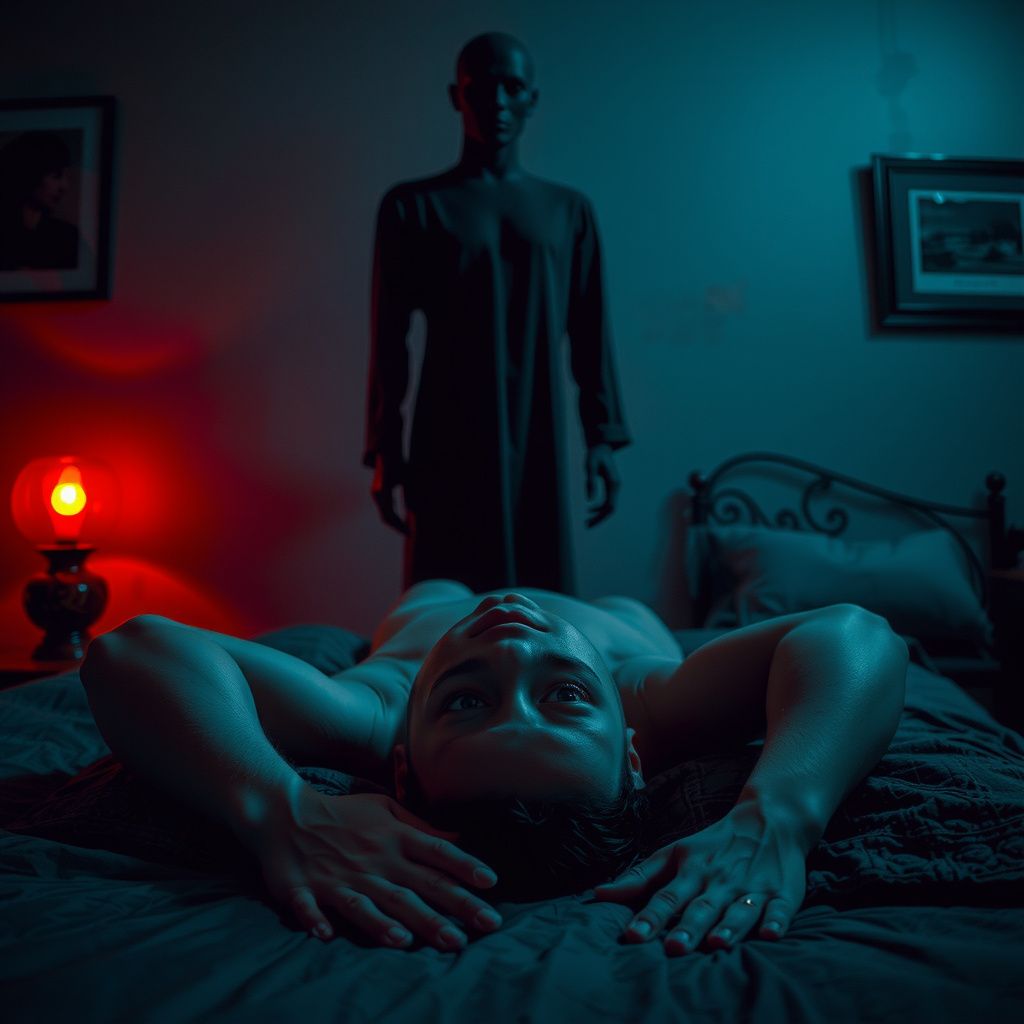Surreal dream scene, cinematic and atmospheric, digital art: A person lying frozen on their back in a dimly lit bedroom, eyes wide open and blinking, while a shadowy black figure with an unreadable, eerie presence stands beside the bed, evoking a haunting and surreal atmosphere.