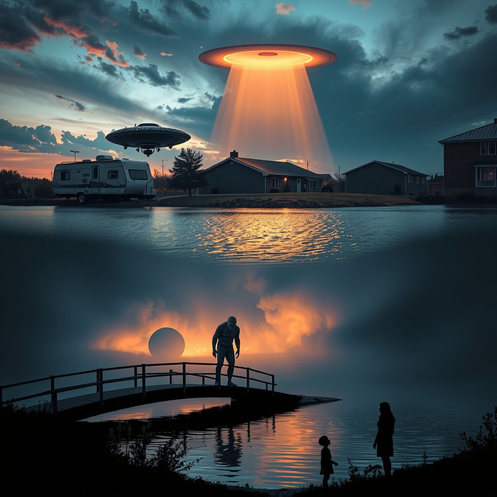 Surreal dream scene, cinematic and atmospheric, digital art: A surreal scene showing a family being gently abducted by a glowing alien spaceship above a trailer park at dusk, followed by a college campus with a mysterious burnt hole in the roof, a bridge over a serene pond that slightly sinks, and a friendly monster emerging from the water while a calm figure reassures a scared person on the deck nearby.