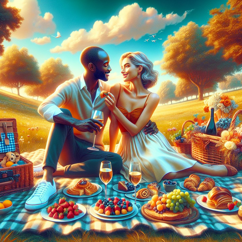 Digital art 4k scene from a movie: Build a romantic picnic scene with a couple enjoying a sunny day in the park.