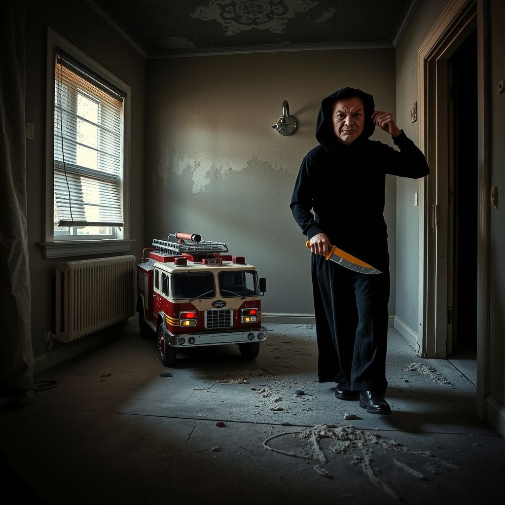 Surreal dream scene, cinematic and atmospheric, digital art: A ghostly, dusty old house with a mysterious toy fire truck moving on its own around the dusty floor, while a shadowy figure with a strange frown mask and a golden knife emerges from a shower, creating an eerie and suspenseful atmosphere.