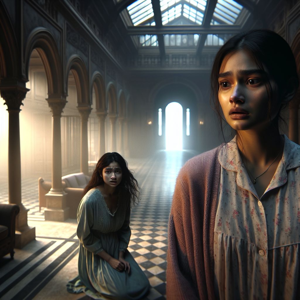 Digital art 4k scene from a movie: Two young women alone in a large, deserted mansion, one about to give birth while the other takes desperate measures after being cast out by her wealthy and snobbish family.