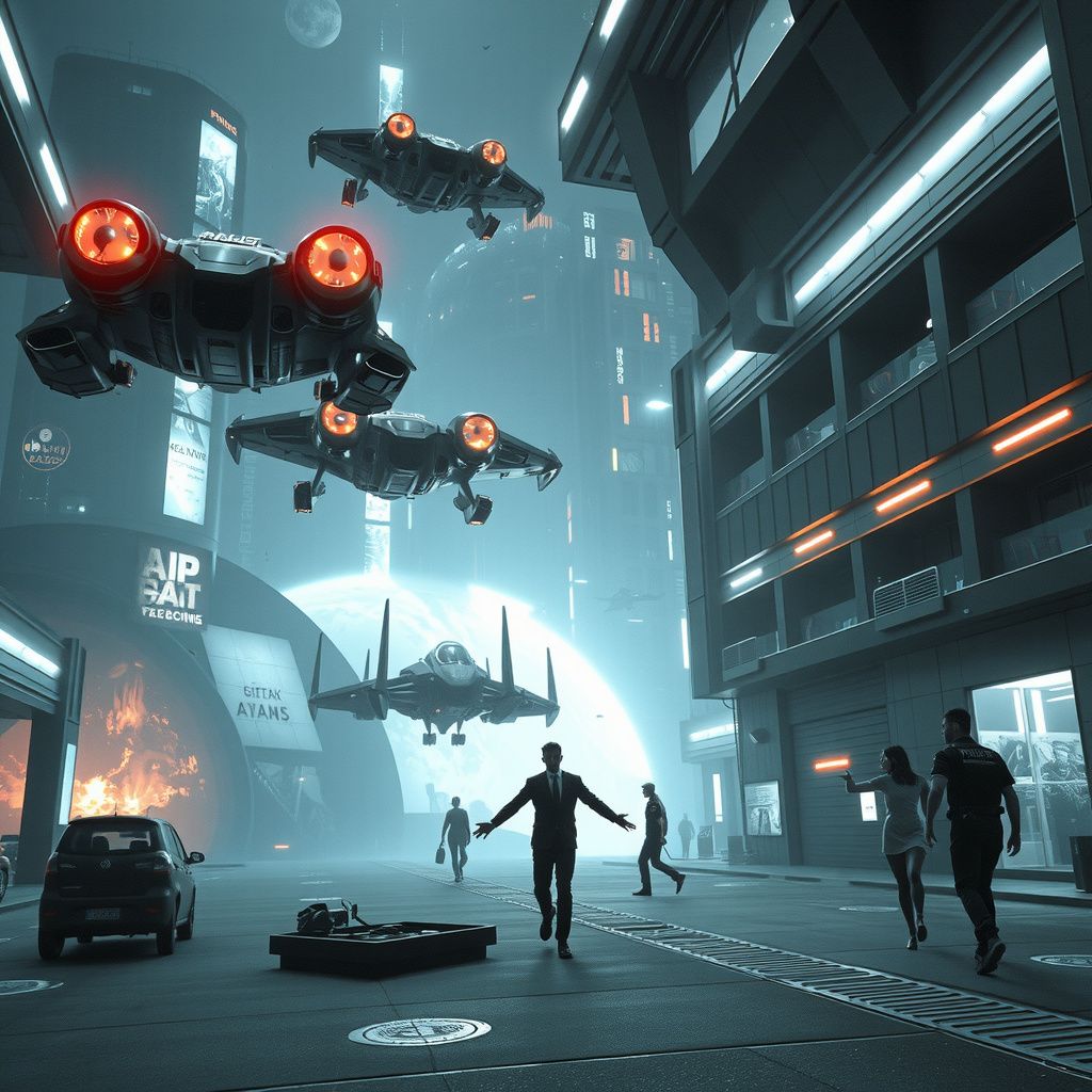 Surreal dream scene, cinematic and atmospheric, digital art: A powerful individual with supernatural abilities is being pursued across a futuristic high-tech intergalactic city by an alien police force and Earth agents, surrounded by scenes of intense space battles, advanced architecture including luxury penthouse dormitories, and mysterious glimpses of childhood memories in black and white.