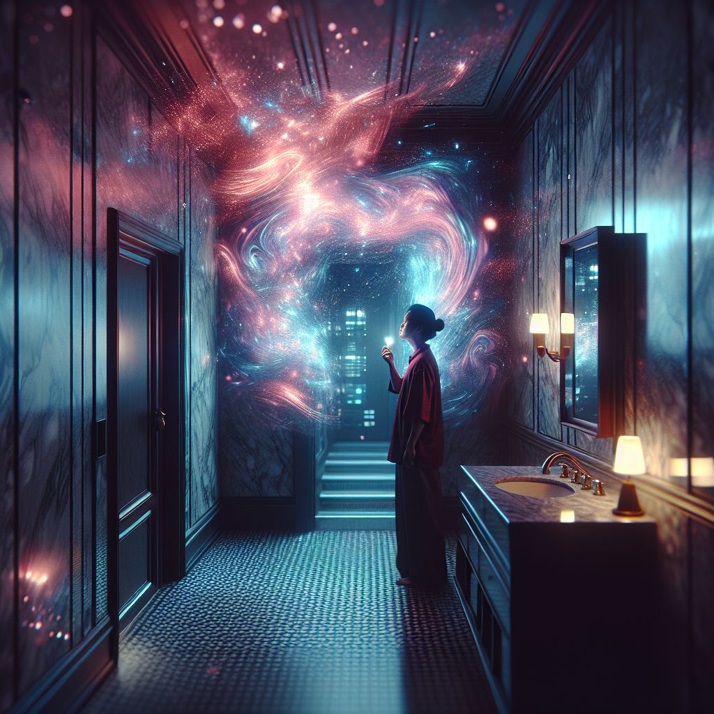 Surreal dream scene, cinematic and atmospheric, digital art: A young person in a large, dimly lit house, walking through an impossibly long dark blue hallway with glowing lights blurred around them, approaching a bathroom with marble grey patterned walls and linoleum countertops, looking into a mirror where their face is partially obscured by swirling silky pink mist, capturing a surreal and introspective atmosphere.