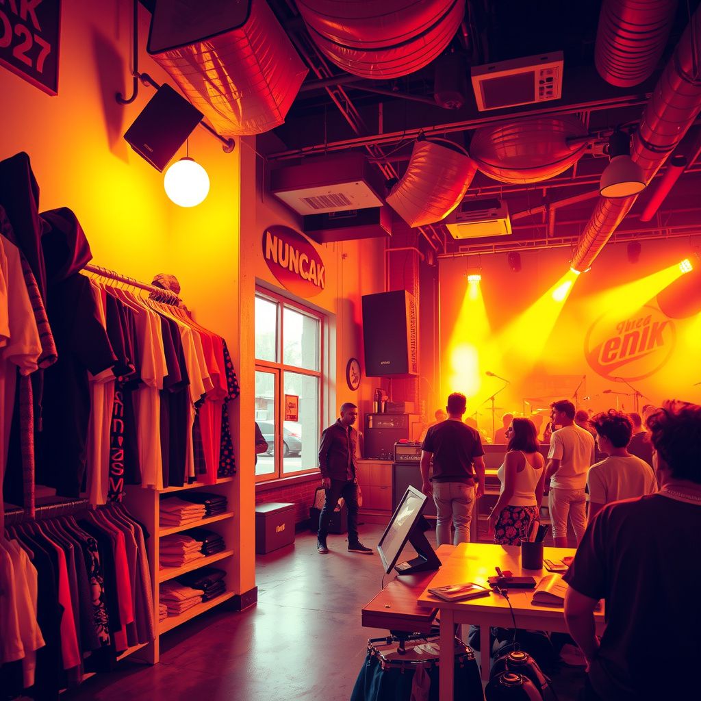Surreal dream scene, cinematic and atmospheric, digital art: I'm inside a small, eclectic clothing store owned by an Indian man resembling a magazine stand vendor, noticing rows of a few repeated garments on shelves, then later at a vibrant punk club with an outdoor stage bustling with diverse, energetic people preparing for live music performances.