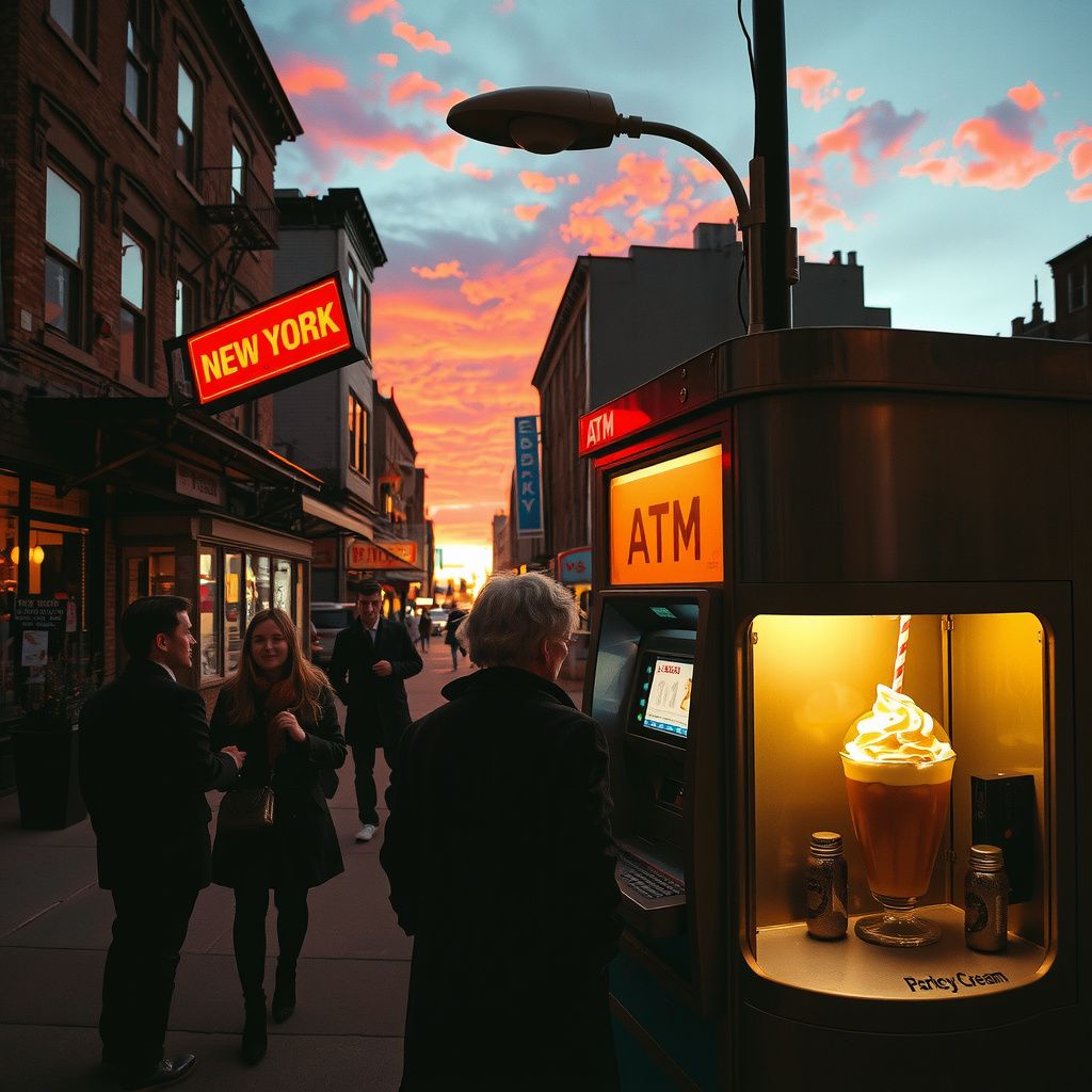 Surreal dream scene, cinematic and atmospheric, digital art: A surreal dreamscape depicting a magical, hidden New York City street where friends reunite amidst fading vibrant colors, shifting to a mysterious ATM dispensing transforming currency, followed by a whimsical, vintage-style machine creating a frothy egg cream drink, all under a twilight sky with subtle emotions of nostalgia, reconciliation, and quiet frustration.