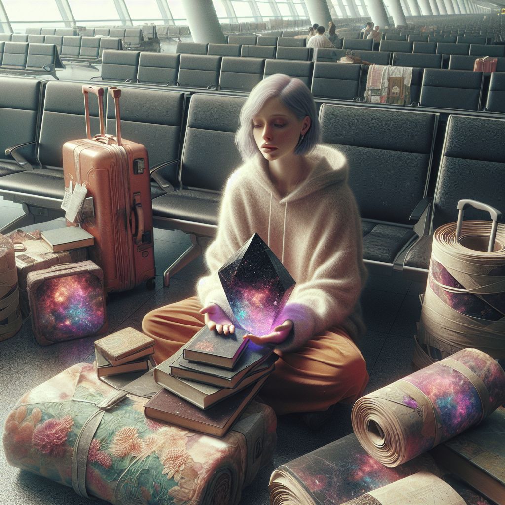 Surreal dream scene, cinematic and atmospheric, digital art: A traveler sitting peacefully at an airport lounge during a long layover in Japan, surrounded by scattered luggage containing Christmas wrapping paper, heavy books, and holding a mysterious black crystal with colorful splotches, with a soft, surreal atmosphere suggesting a dreamlike experience.