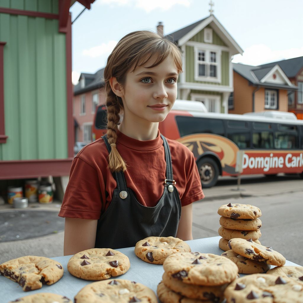 Surreal dream scene, cinematic and atmospheric, digital art: A young baker sells a variety of homemade cookies, including peanut butter chocolate chip and brownie cookies, in a lively neighborhood with colorful houses and a bus passing by in the background.