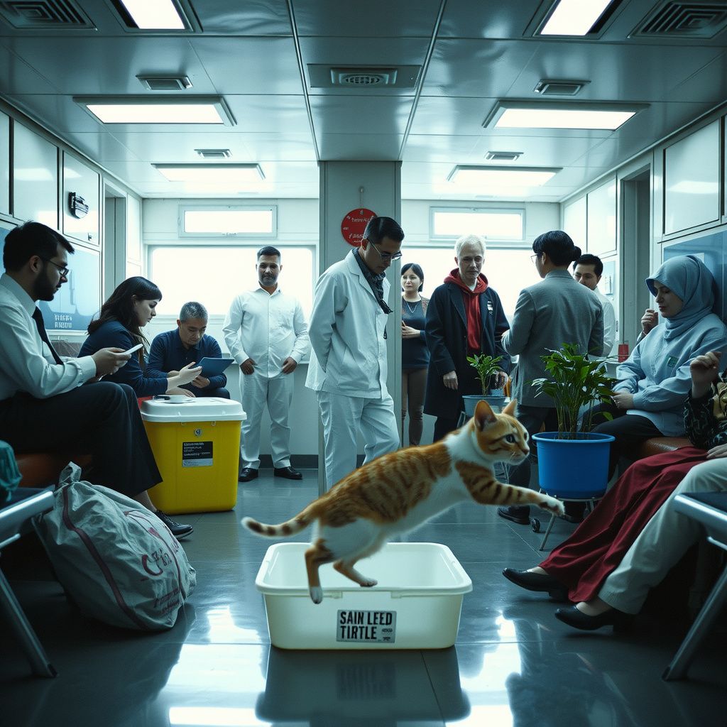 Surreal dream scene, cinematic and atmospheric, digital art: A futuristic cruise ship filled with diverse groups of people participating in experimental tasks for data collection, with passengers cautiously tending to rapid-growth plants in confined cabins, alongside a sliding cat struggling to find balance in a plastic litterbox, all set against a sterile, clinical atmosphere.