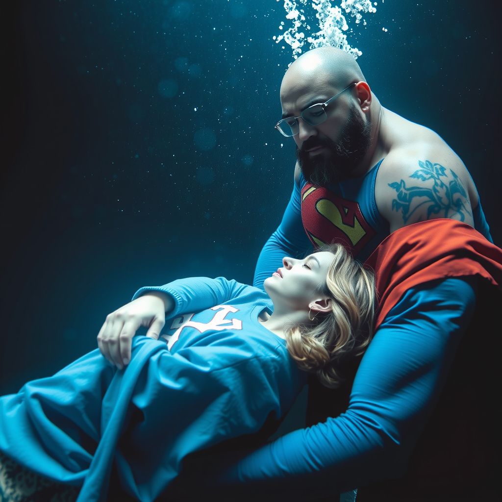 Surreal dream scene, cinematic and atmospheric, digital art: A bald-headed black man with a thick beard spies on Superman underwater in pitch-black water, watching as Superman meets an unconscious blonde woman wrapped in spirals of North Carolina Tar Heels blue clothing illuminated by a bright light from above, showing a moment of deep grief.