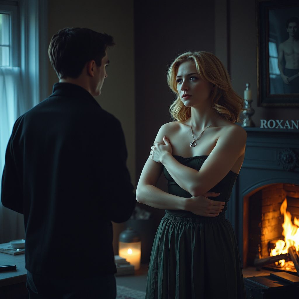 Surreal dream scene, cinematic and atmospheric, digital art: A woman confronts a sly, enigmatic figure named Roxanne in a dimly lit room filled with tension, as flames flicker in a nearby fireplace casting warm, dramatic shadows, while an atmosphere of mystery and unresolved conflict permeates the scene.