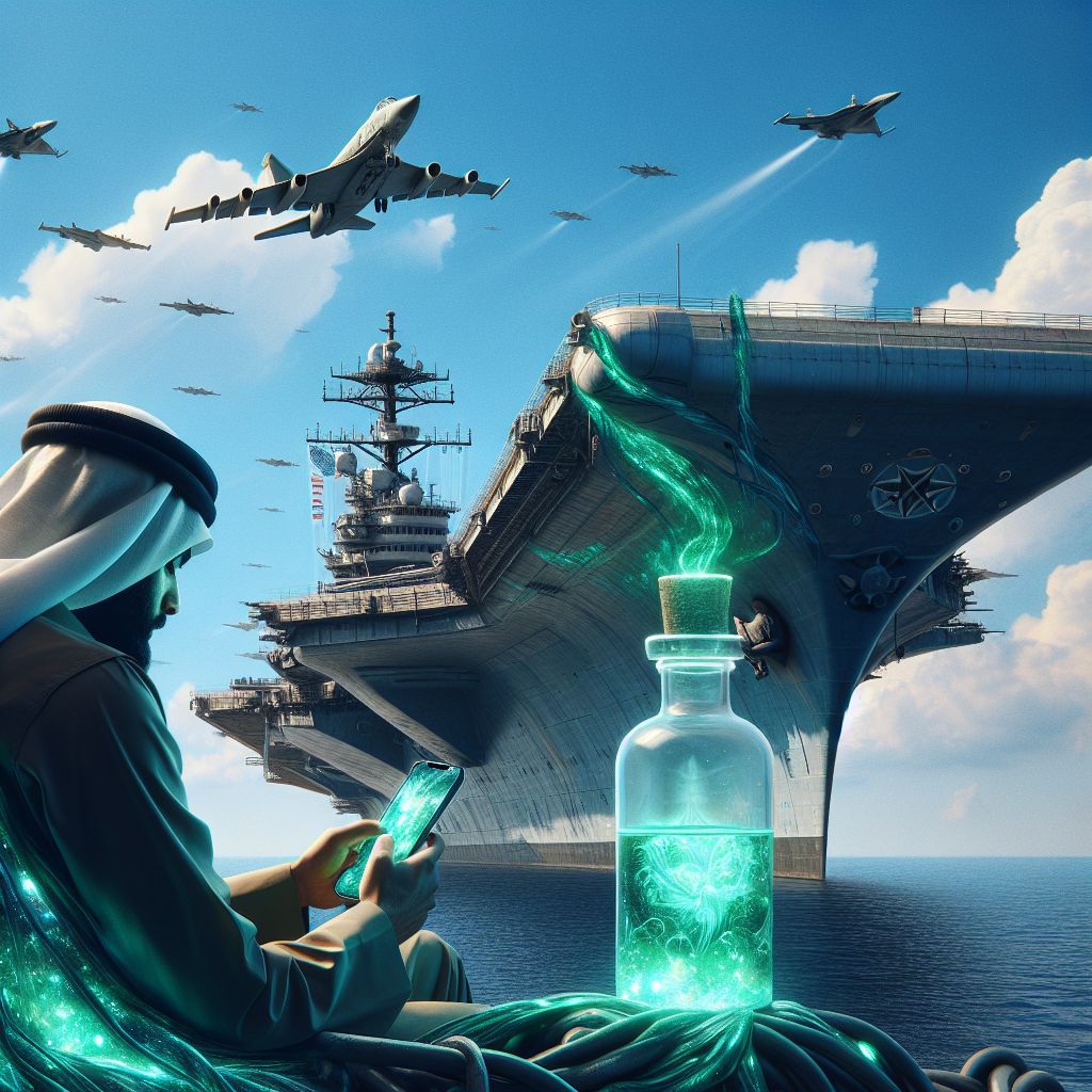 Surreal dream scene, cinematic and atmospheric, digital art: A sailor standing on the deck of an aircraft carrier, focused on playing a game on his smartphone, with a green glowing liquid in a container nearby under a clear sky.