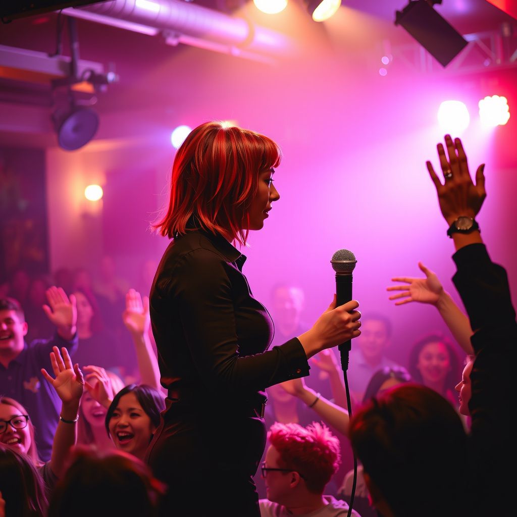 Surreal dream scene, cinematic and atmospheric, digital art: A red-headed female comedian with shoulder-length straight hair confidently performing on stage at a lively stand-up comedy show, while the enthusiastic audience laughs and cheers in response to her playful use of the word 'flipping' in her jokes.