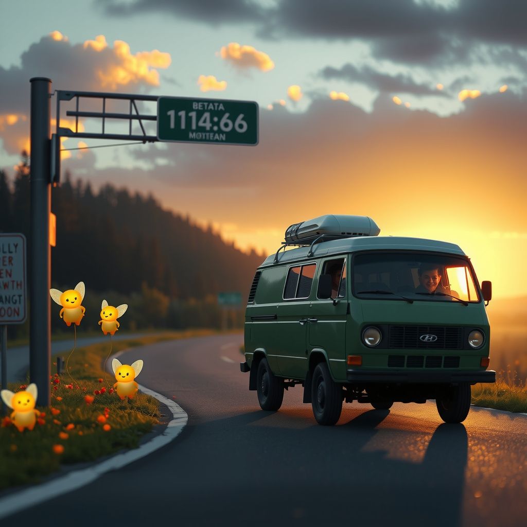 Surreal dream scene, cinematic and atmospheric, digital art: A whimsical scene featuring a hidden fairy cove beside a highway, with animated fairy books that have glowing faces and gentle expressions, and a large black bear playfully pushing a green van along a sunlit road as two friends inside watch in amazement.