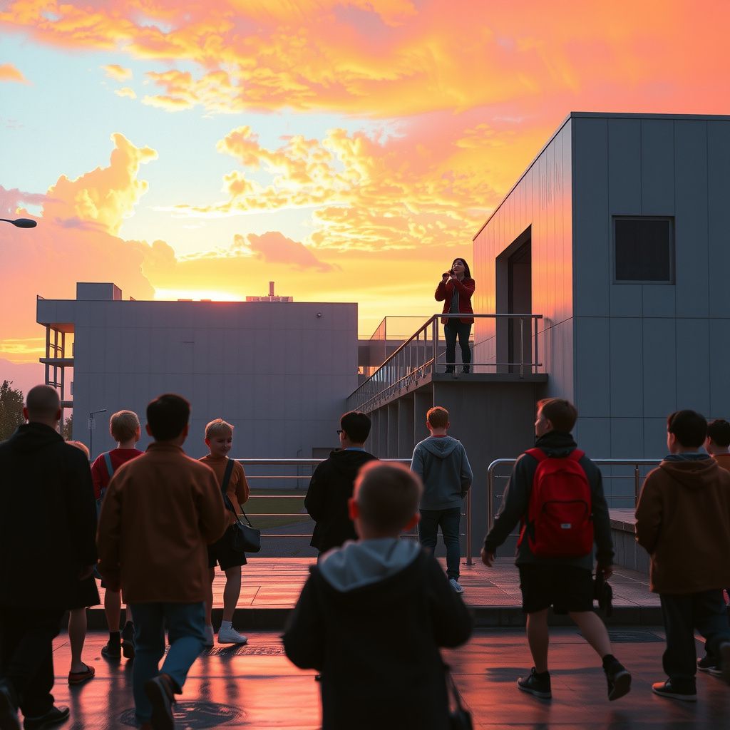 Surreal dream scene, cinematic and atmospheric, digital art: A warm, dreamlike scene of a family with Kibum from SHINee and a woman singing together outdoors on a tall raised platform surrounded by happy children, with a gradient sky shifting from blue to red and playful kids sliding down barriers near a large modern building on a rainy day.