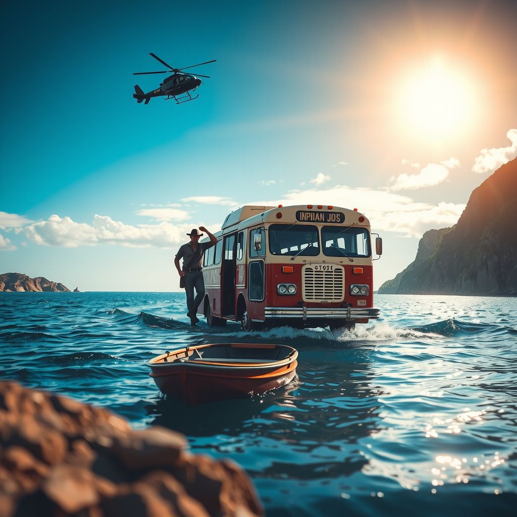 Surreal dream scene, cinematic and atmospheric, digital art: A daring man resembling Indiana Jones stands on a remote island, guiding a bus onto a small dinghy as they prepare to cross the ocean under a bright sky with a helicopter and vintage plane waiting nearby.