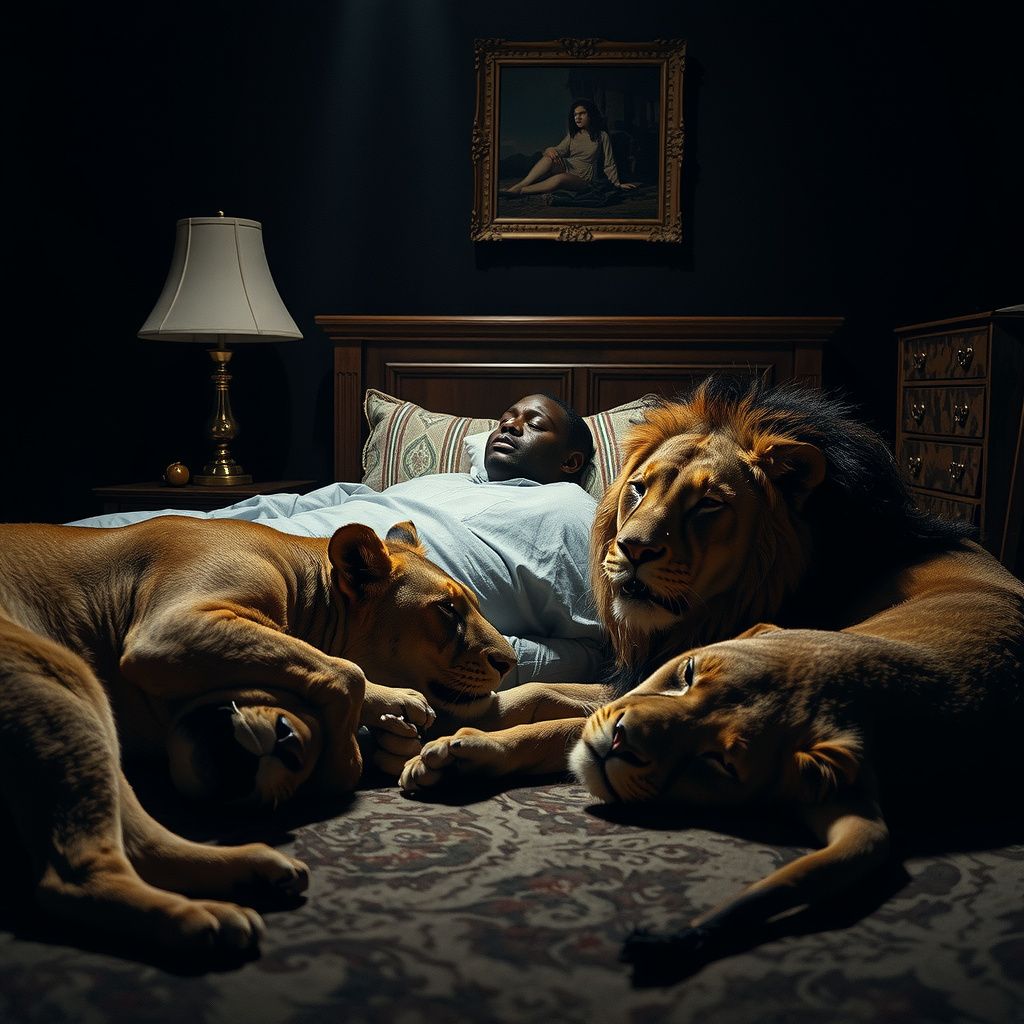 Surreal dream scene, cinematic and atmospheric, digital art: A tense scene in a dimly lit bedroom where a calm black man lies still among several peacefully sleeping majestic lions, with one lion cautiously breathing down his neck, capturing a surreal and suspenseful atmosphere.