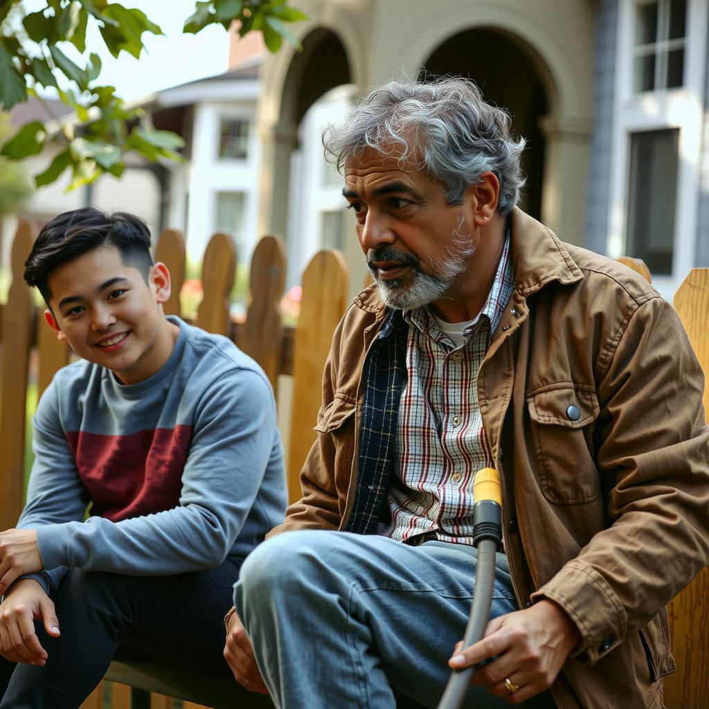 Surreal dream scene, cinematic and atmospheric, digital art: A fit, vital elderly Black man with curly grey hair and beard, wearing casual clothes and gently interacting with a younger person seated in a sunny backyard while cleaning his well-maintained wooden fence with a hose, conveying warmth and mentorship.