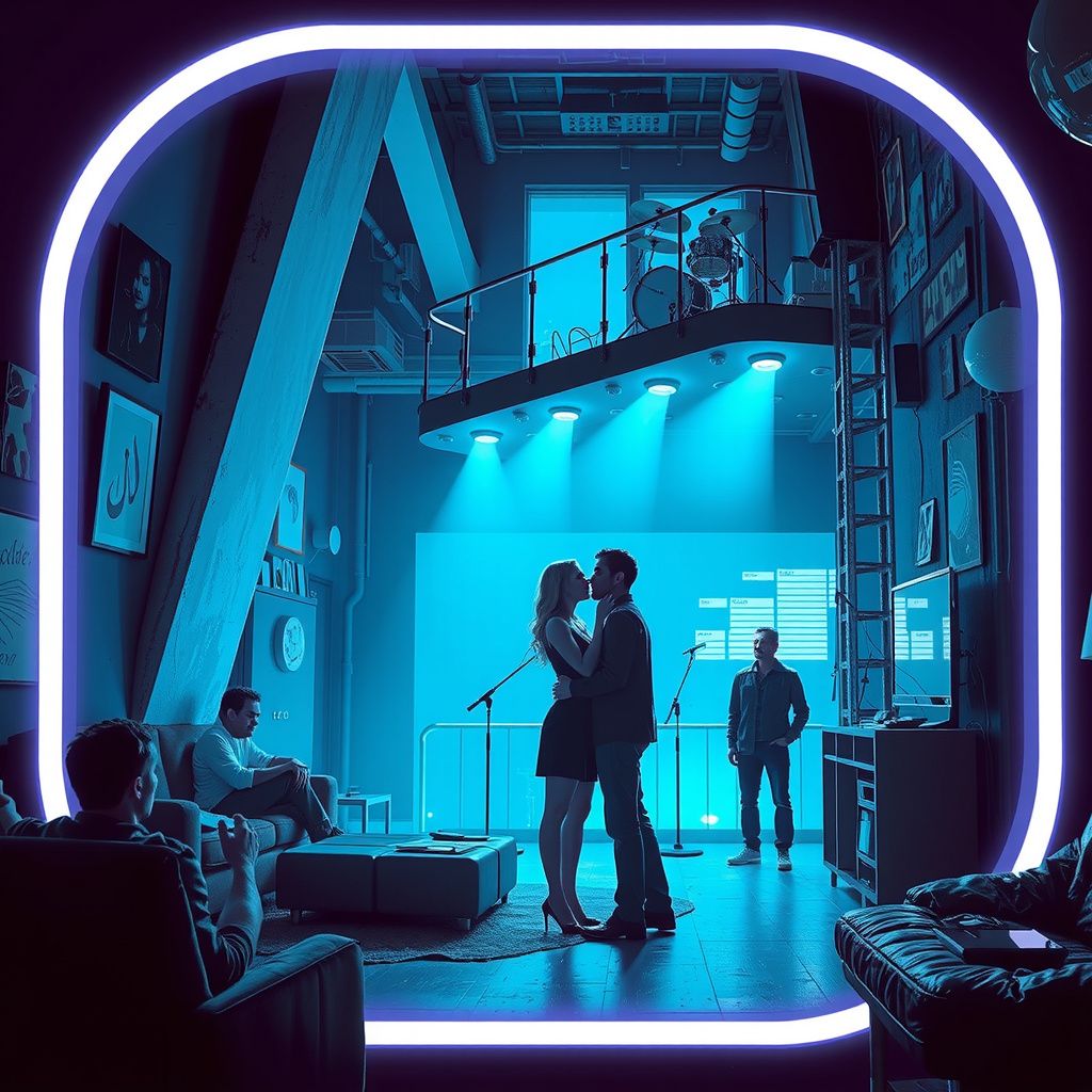 Surreal dream scene, cinematic and atmospheric, digital art: A futuristic cyberpunk apartment bathed in blue and teal lights, with a music band playing on an elevated platform, while people casually hang out and a tense emotional confrontation unfolds between a couple.