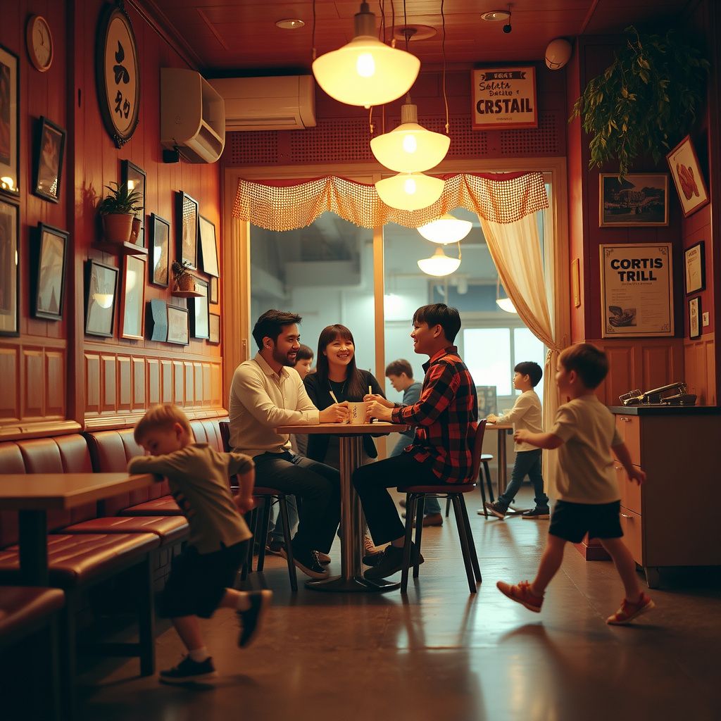 Surreal dream scene, cinematic and atmospheric, digital art: A warm and lively scene inside a cozy restaurant where a radio show host and members of the K-Pop group CORTIS share snacks and laughter, with playful boys running around and caring parents tidying up together in the background.