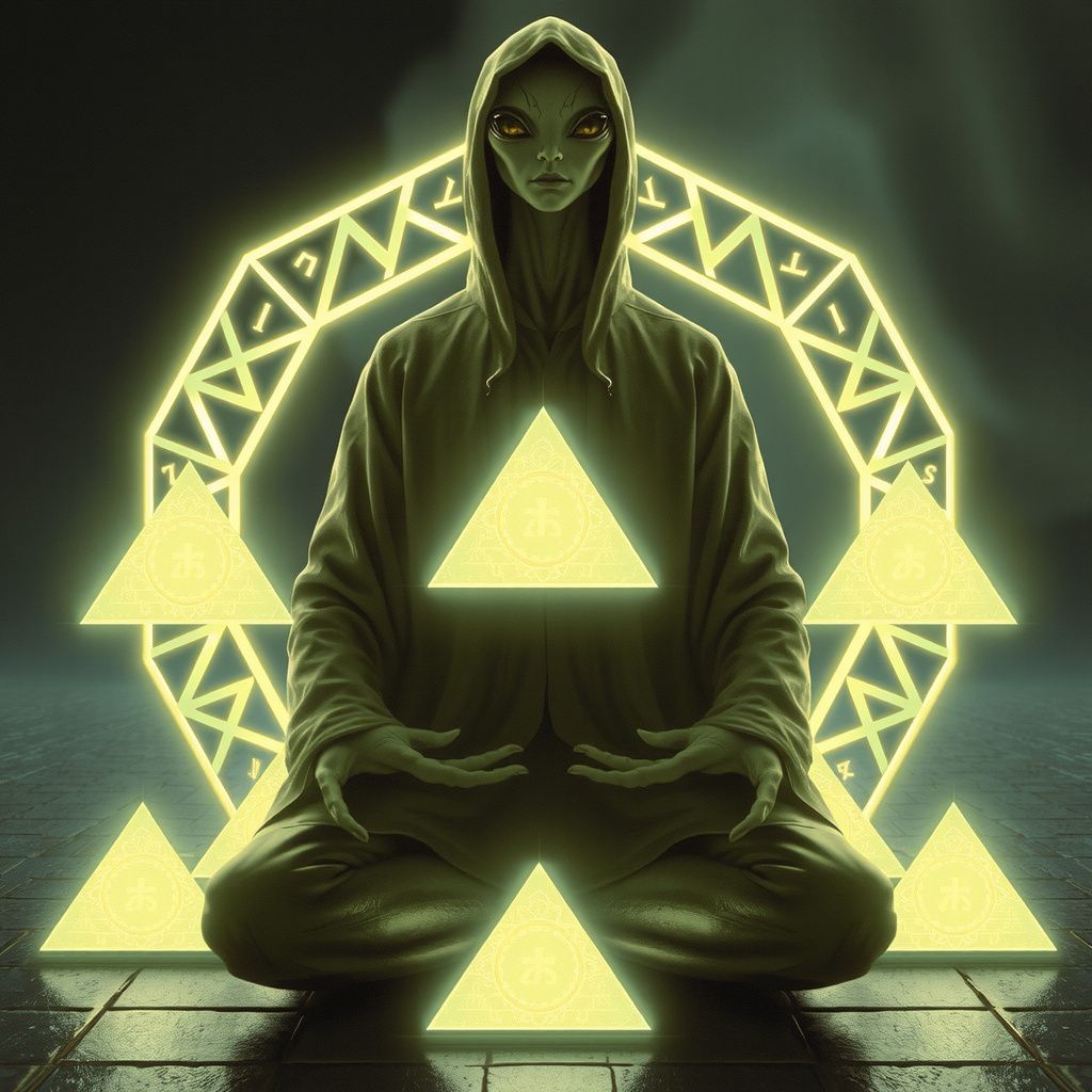 Surreal dream scene, cinematic and atmospheric, digital art: A serene scene depicting a tall, cloaked mantis-like alien creating glowing sacred geometric energy grids filled with pyramidal and rhombus shapes inscribed with rune-like symbols, surrounded by softly illuminated gray, green, and obsidian-skinned extraterrestrials with large almond-shaped eyes, all conveying a calm, telepathic connection during a mystical out-of-body meditation experience.
