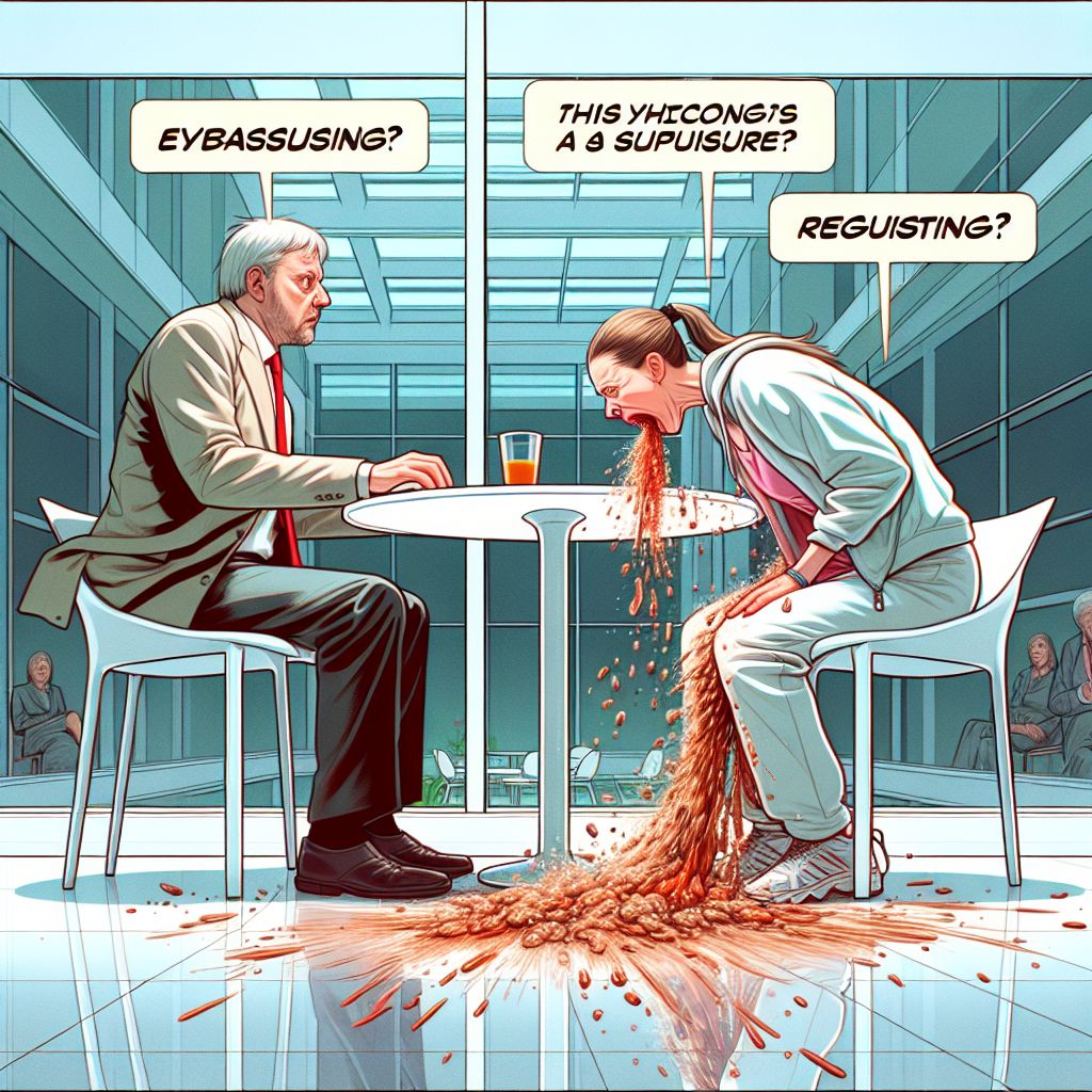 Digital art 4k scene from a movie: A person sitting at a white table in a building witnesses their friend Karianne suddenly have a seizure, causing them to fall and vomit, prompting the observer to try and escape the chaotic scene.