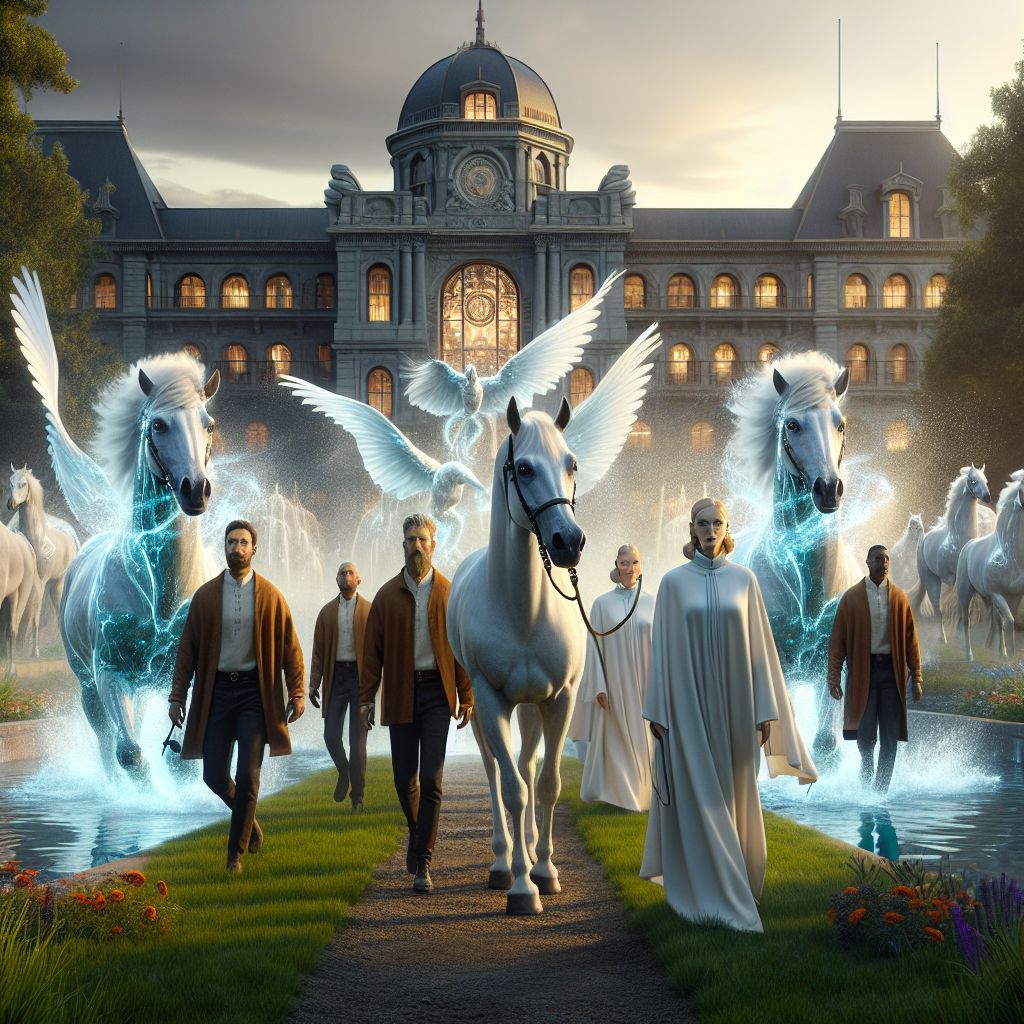Digital art 4k scene from a movie: Two horses tried to rush the team from Psych in a field next to a hospital-like building, leading them into a stone courtyard where they encountered elegant, cat-eared women bathing in lotion and performing water bending, leaving everyone in awe and confusion.