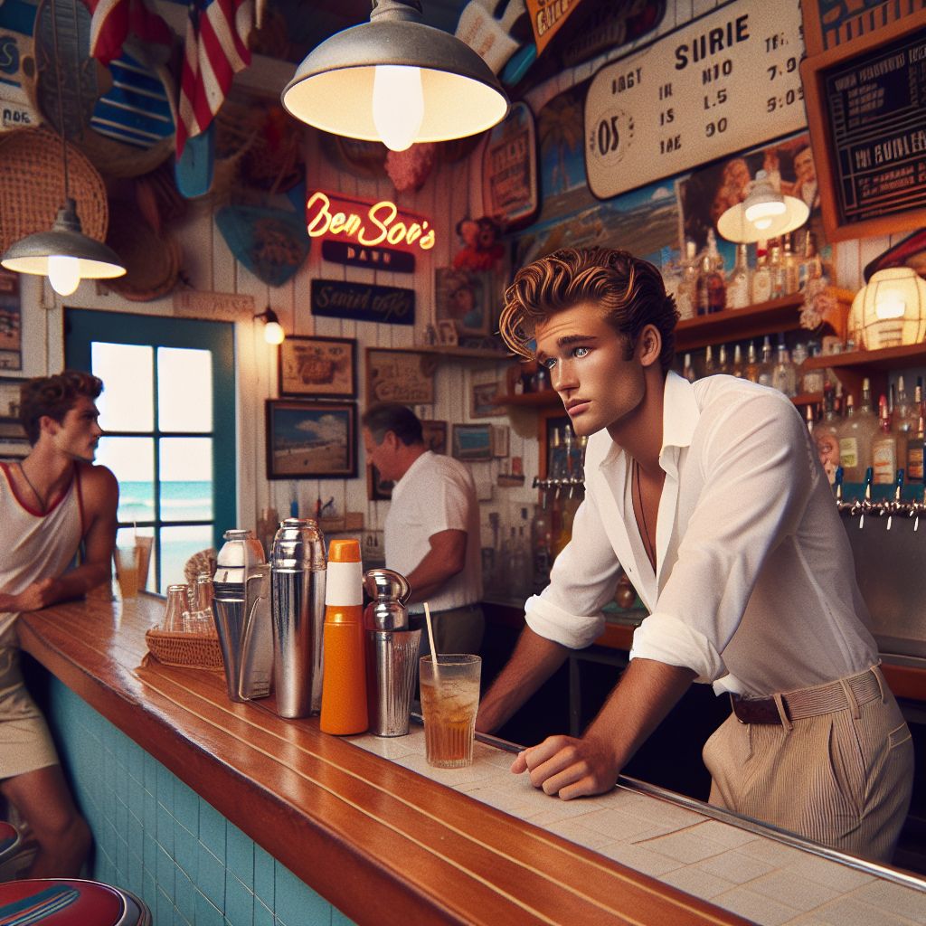 Digital art 4k scene from a movie: Generate an image of a blonde surfer-boy bartender from the 1950's locking eyes with a customer in a bar.