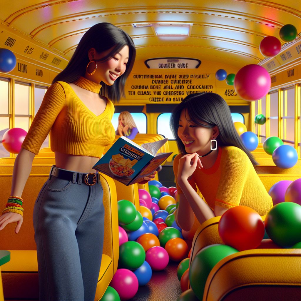 Digital art 4k scene from a movie: Rina and Nancy find themselves on a yellow school bus, surrounded by recess balls rolling past, while flipping book pages to sample different types of cheese and crackers, leading to a classroom where Billy shows a video to Rina as they plan a visit to a lesbian dance place with roller skates.