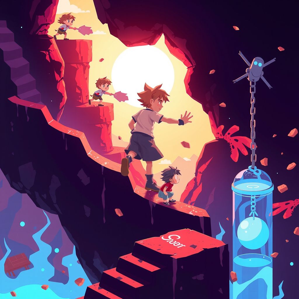 Surreal dream scene, cinematic and atmospheric, digital art: A determined character navigates a colorful platformer game world, breaking cages to rescue family members in a vibrant, pixel-art style.