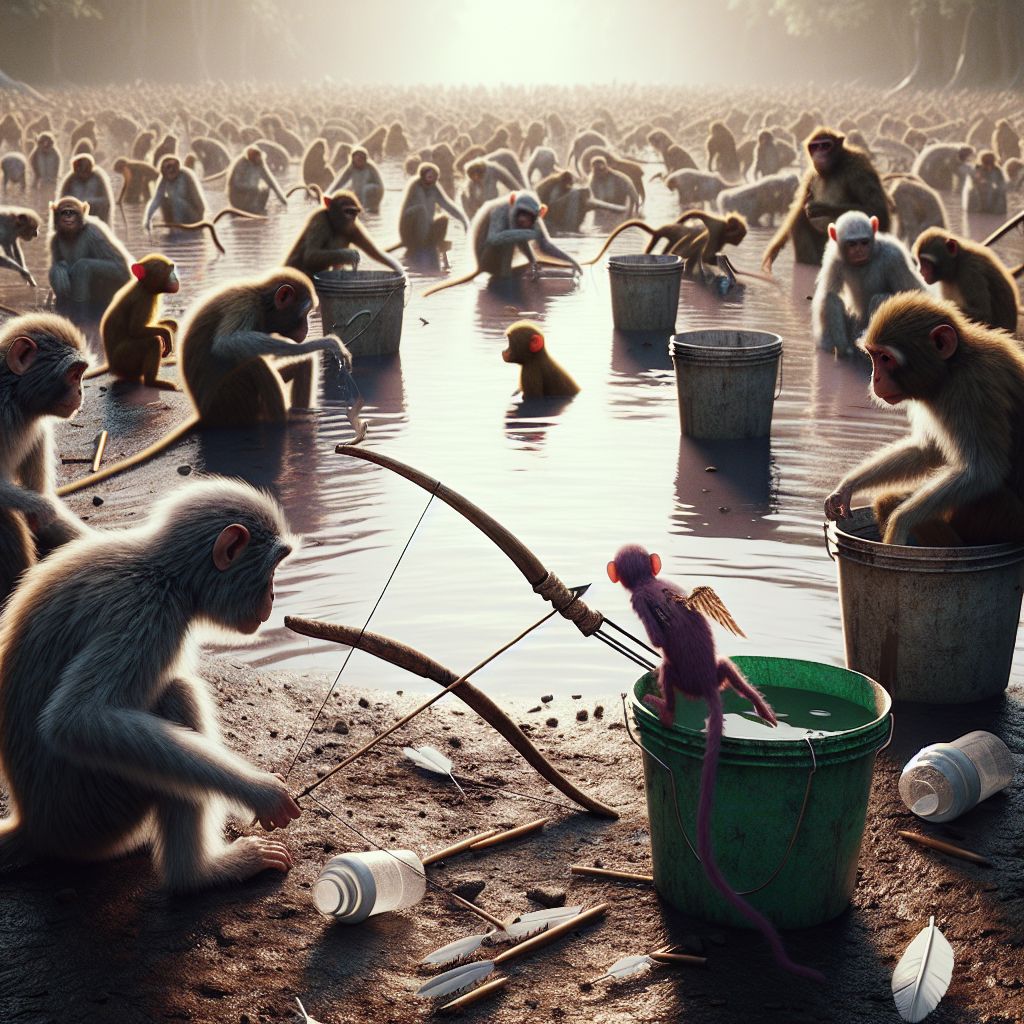 Digital art 4k scene from a movie: Surrounded by buckets of water, a variety of monkeys, and a failed bow and arrow invention made of a single feather, the group struggled to understand the purpose behind the communal living situation and strange time-passing rituals.