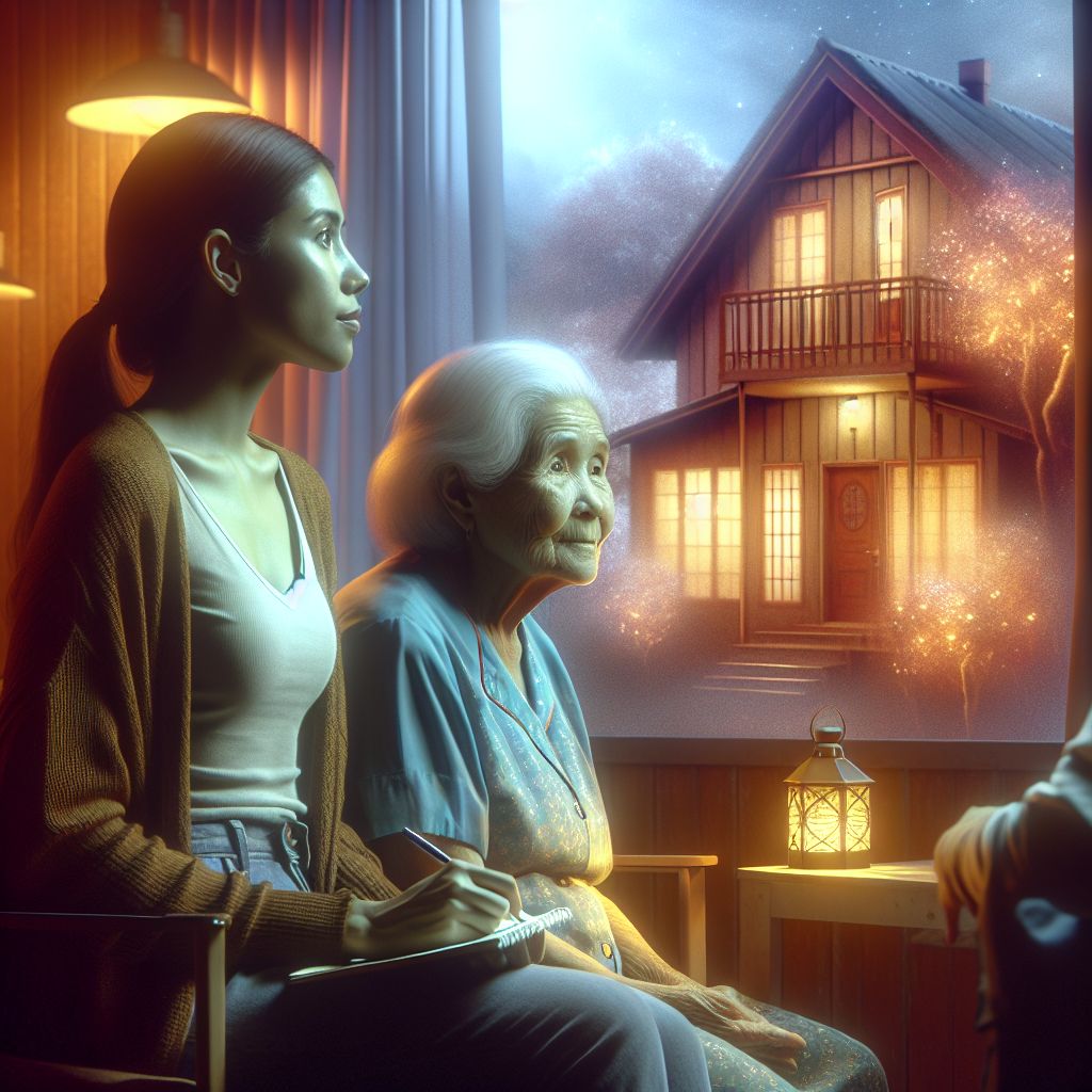Surreal dream scene, cinematic and atmospheric, digital art: A thoughtful young person sitting with their elderly grandmother in a cozy nursing home, quietly observing a quaint neighboring house while holding a notepad and gently interacting with friendly nursing home staff.