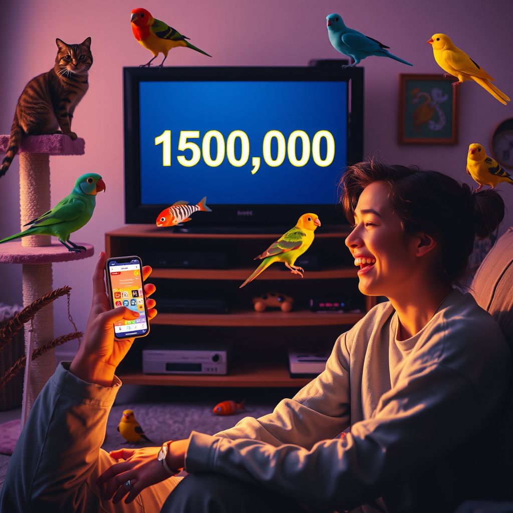 Surreal dream scene, cinematic and atmospheric, digital art: A joyful person in a cozy apartment surrounded by playful animals including a scratching cat on a cat tree, colorful birds chirping, and various fish swimming nearby, holding a phone playing a quiz game with a TV screen displaying a glowing, bouncing number '150,000' in a nostalgic early 2000s style screensaver animation, while expressing excitement in a warm family home setting.