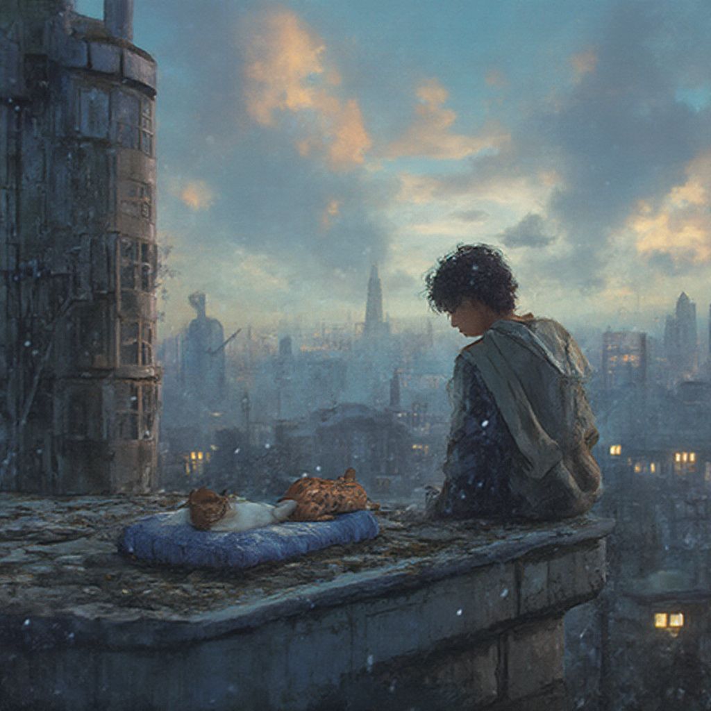 Surreal dream scene, cinematic and atmospheric, digital art: A peaceful scene on a flat rooftop of a tall building where a person gently hugs and comforts their cat next to a cozy bed and pet supplies, under a calm sky.