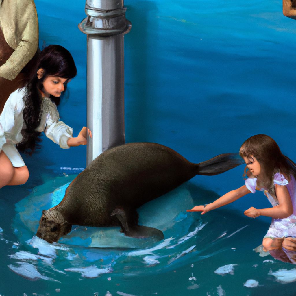 Digital art, A female student discovers a baby seal trapped in the toilet and seeks the help of the principal, who transitions into the viewpoint of the principal, a male, as they both work together to rescue and release the seal into the ocean.