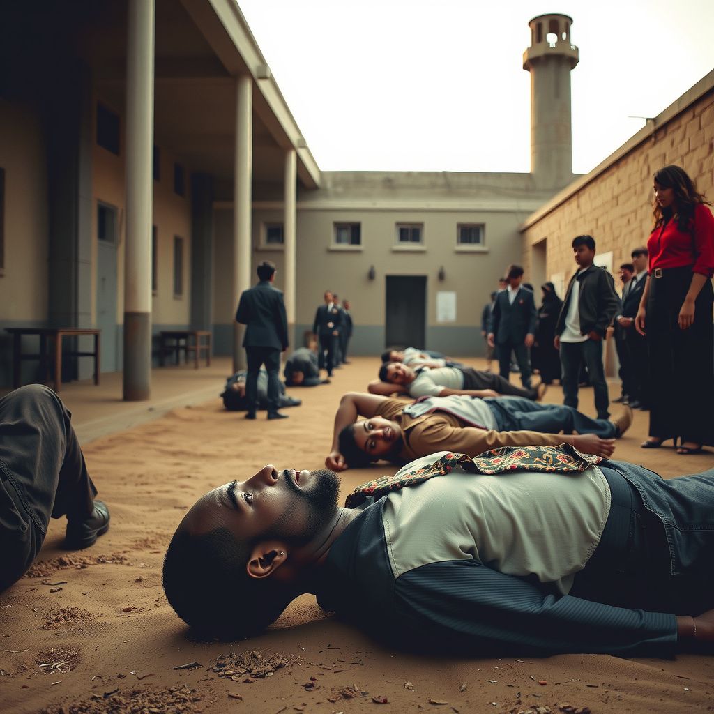 Surreal dream scene, cinematic and atmospheric, digital art: A somber scene of a strict, austere Middle Eastern school courtyard where a bald black man with a thick beard and Kevin Hart lie side by side on their stomachs in a row, surrounded by tense students under the watchful eye of a stern black female teacher in a red shirt, with a desert-like atmosphere and an overall mood of oppression and quiet resilience.