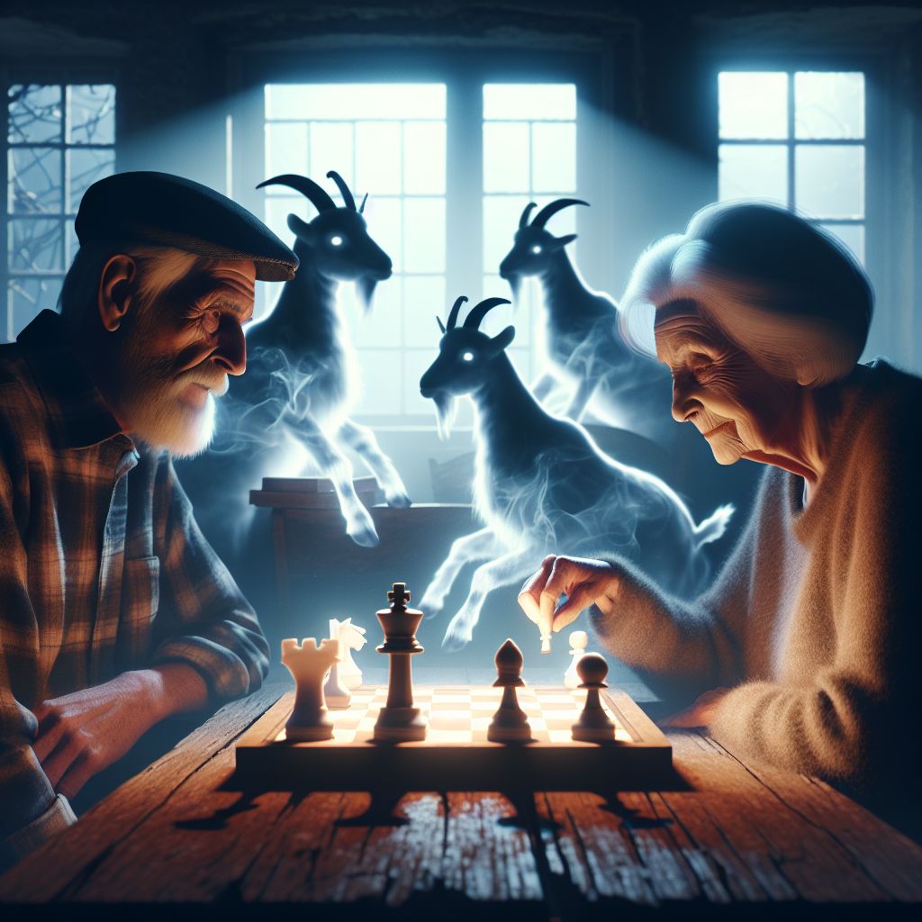 Digital art 4k scene from a movie: Døde besteforeldre som spøkelser spiller dyresjakk med geitefigurer i et forlatt hus.