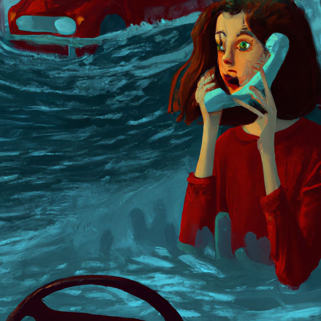 Digital art, A person named Rachel experiences a series of events, including a surprise international phone call, a family dinner at a fancy restaurant, and a terrifying car sinking in floodwaters.