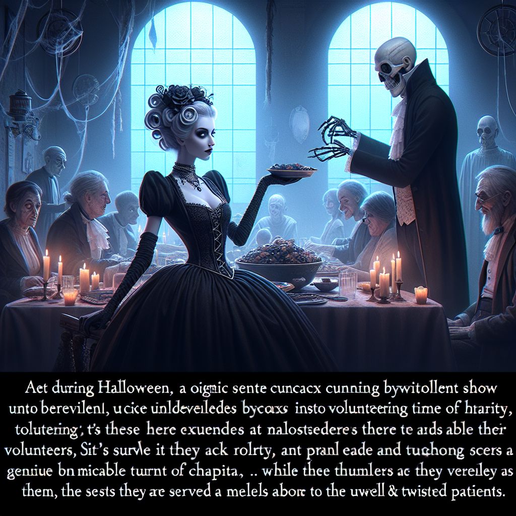 Digital art 4k scene from a movie: In a Halloween special, a goth-beauty named FrankenLaura narrates a creepy show where charming individuals trick volunteers into offering their time at a hospital, only to be served up as meals for the sick and demented patients.